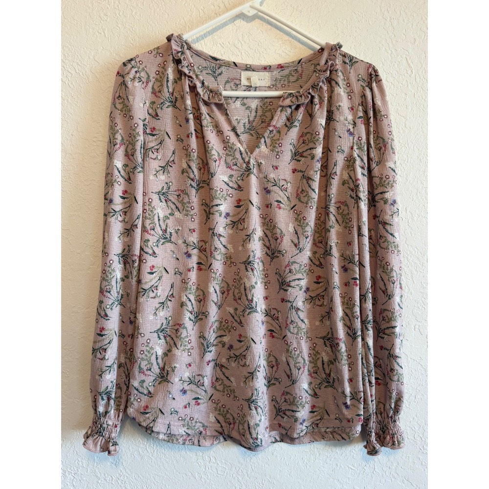 Melloday Floral Ruffle V-Neck Blouse Pink Long Sleeve Smocked Cuff Small